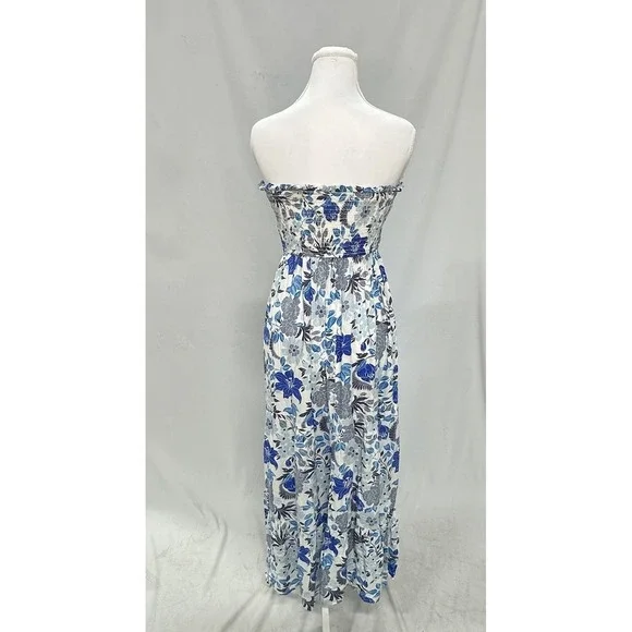 Japna Sz XS Blue White Strapless Maxi Dress Smocked Coastal Beach Resort - Picture 2 of 6